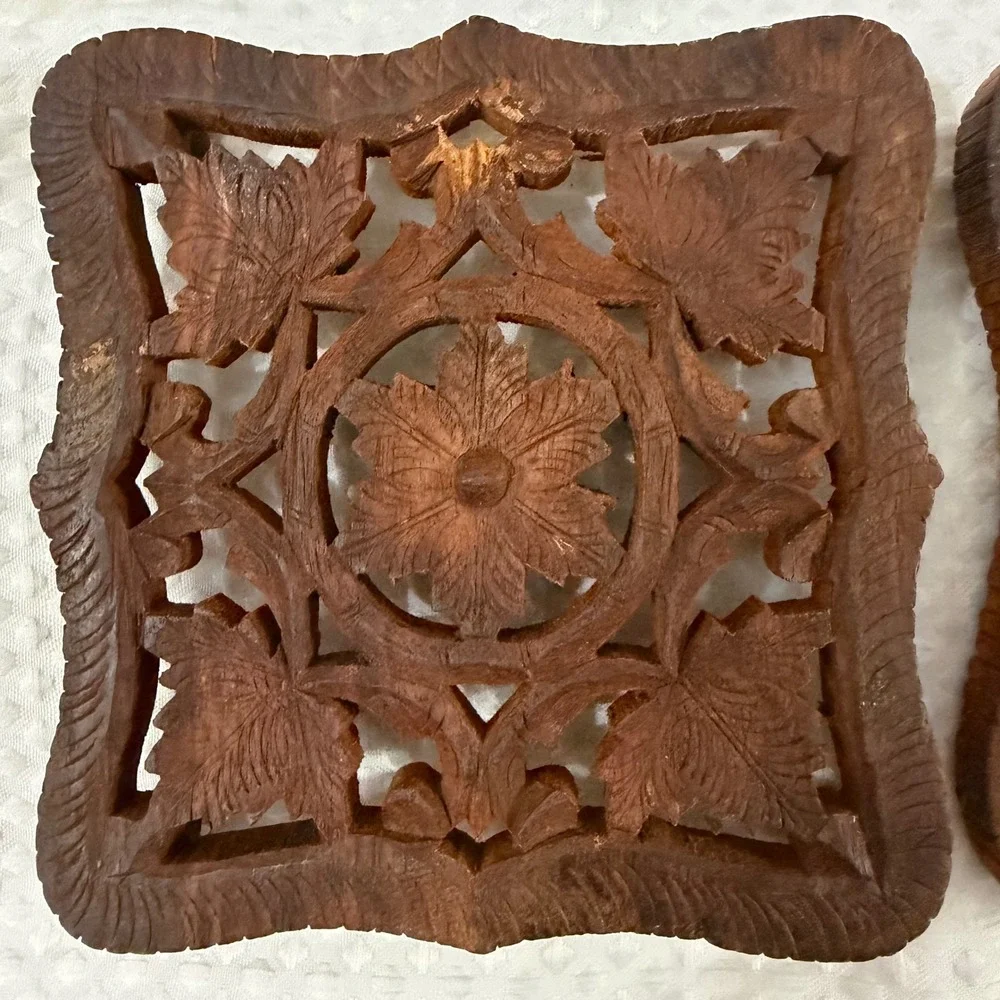 Vintage Hand-Carved wooden trivet crafted in India w floral & leaf motifs